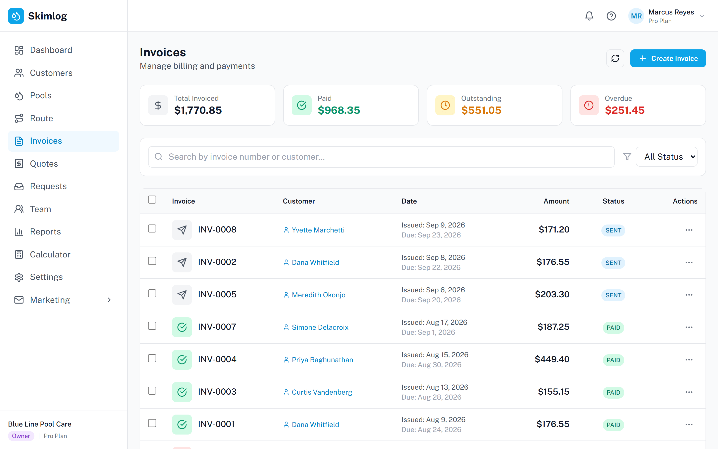 Pool service invoicing software showing invoices, Stripe card payments, and billing dashboard