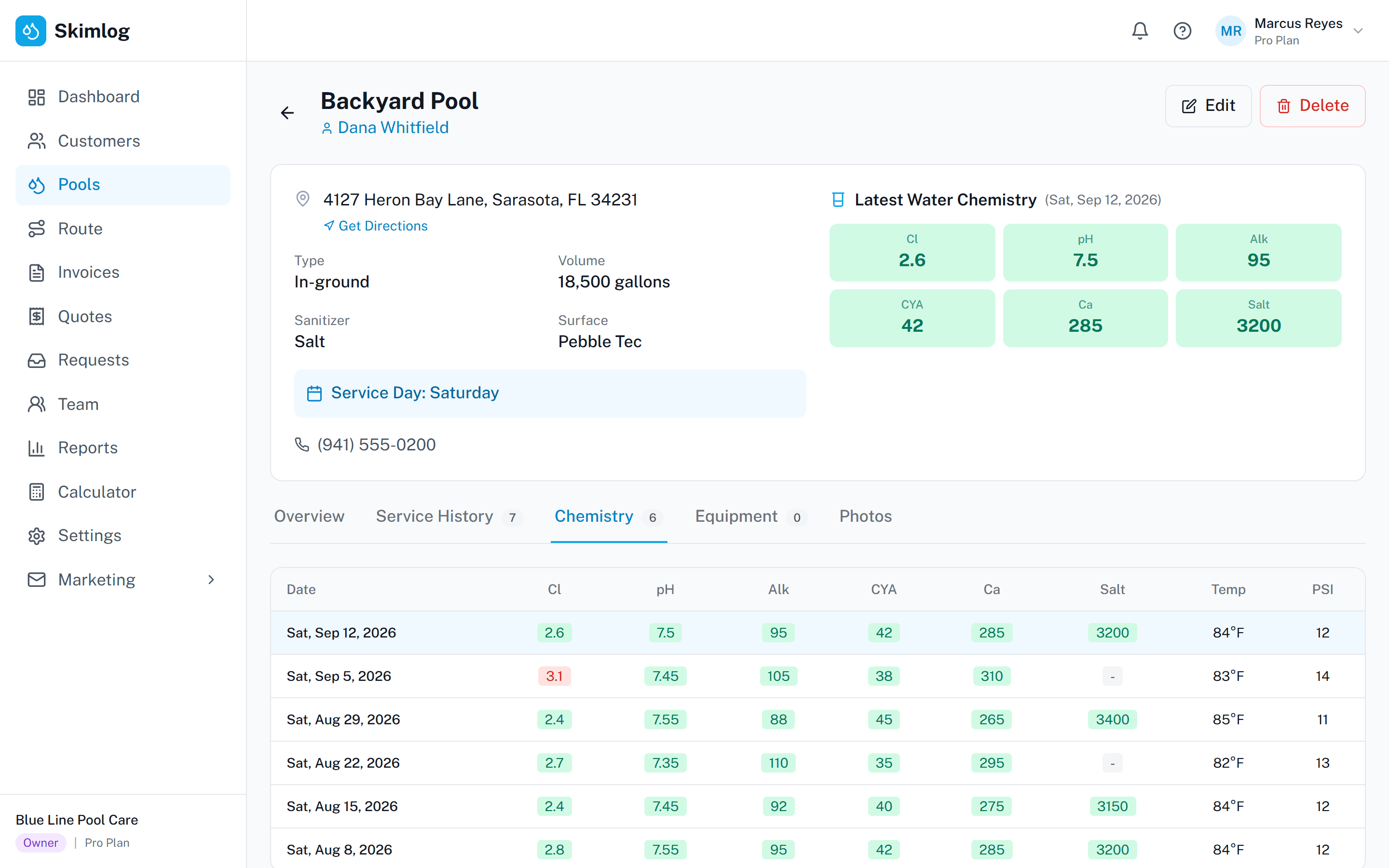 Pool chemical log software showing slider-based chemical entry and chemistry history